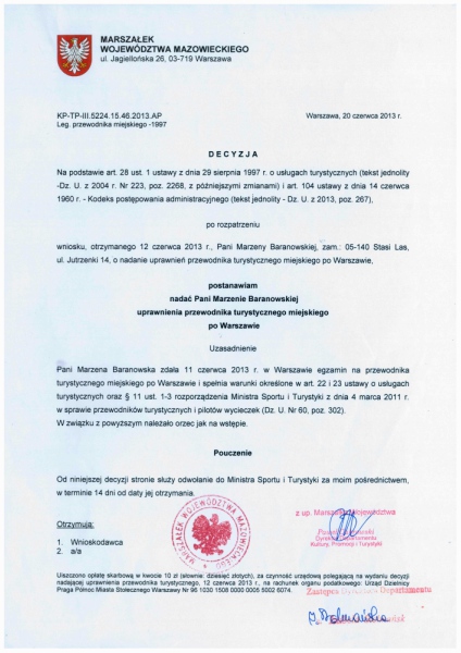 Dokument potwierdzający kwalifikacje przewodnickie Marzeny Baranowskiej