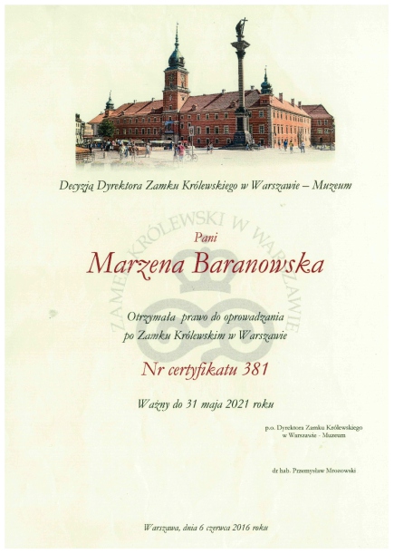 Zaświadczenie dotyczące pracy przewodnickiej Marzeny Baranowskiej