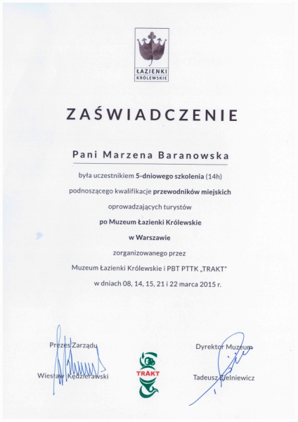 Dokument szkoleniowy Marzeny Baranowskiej
