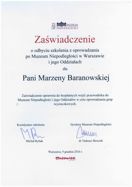 Certyfikat rozwoju zawodowego Marzeny Baranowskiej